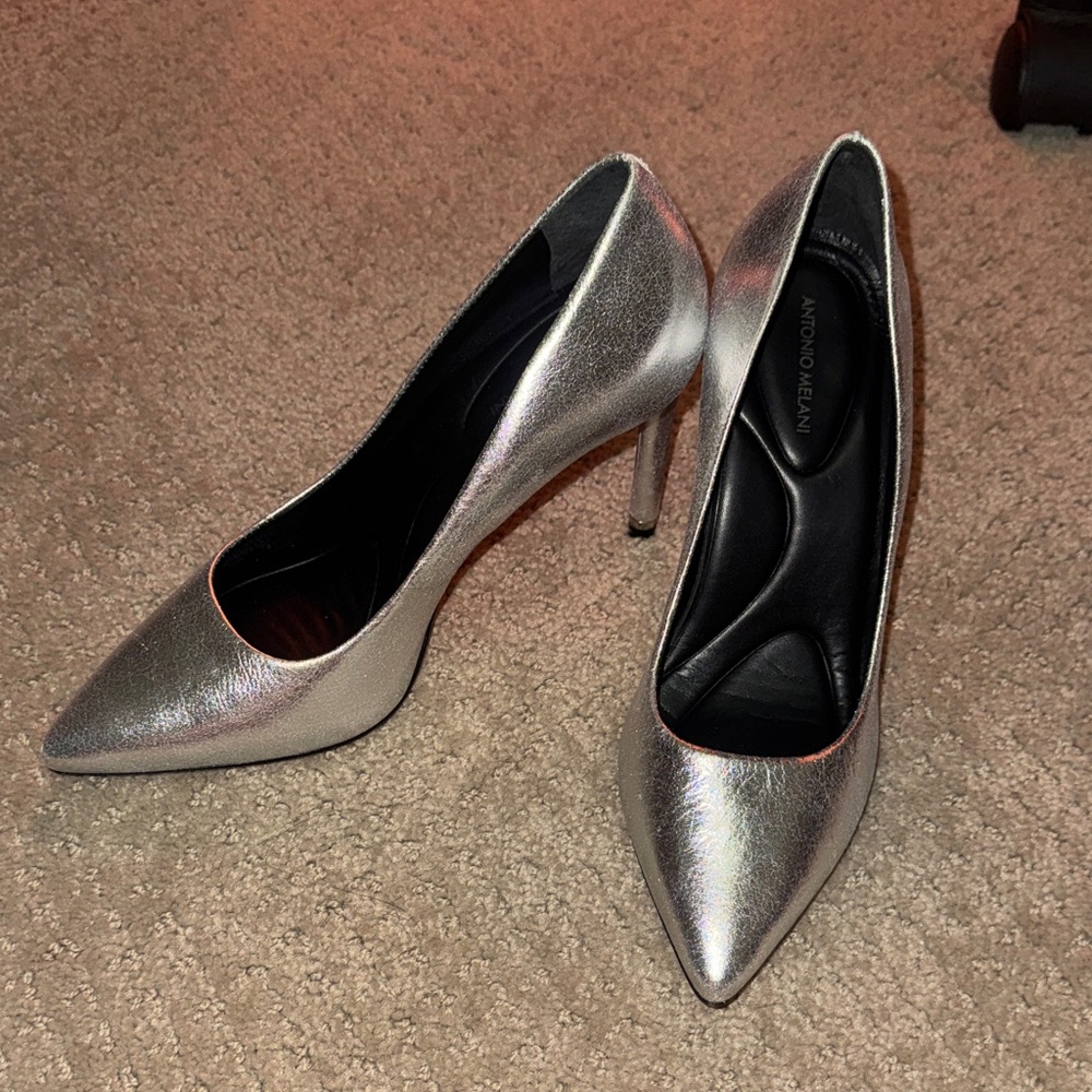 ANTONIO MELANI Metallic Silver Pointed Toe Stiletto Heels